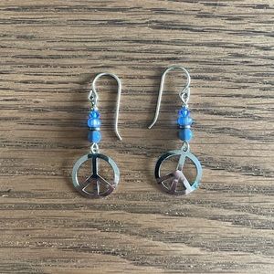 Silver Peace Sign Dangle Earrings with Blue Beads - great condition